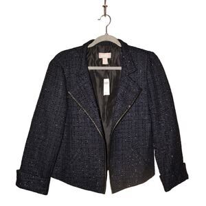 CHICO'S NEW $159 Navy Metallic Tweed Jacket Faux Leather Trim Chico's 1 / US 10